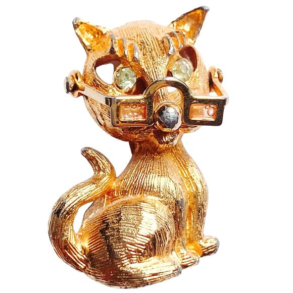 Unusual VTG 1960s Brooch Movable Glasses Cat Rhinestone Eyes Mid Century Pin - Picture 1 of 10